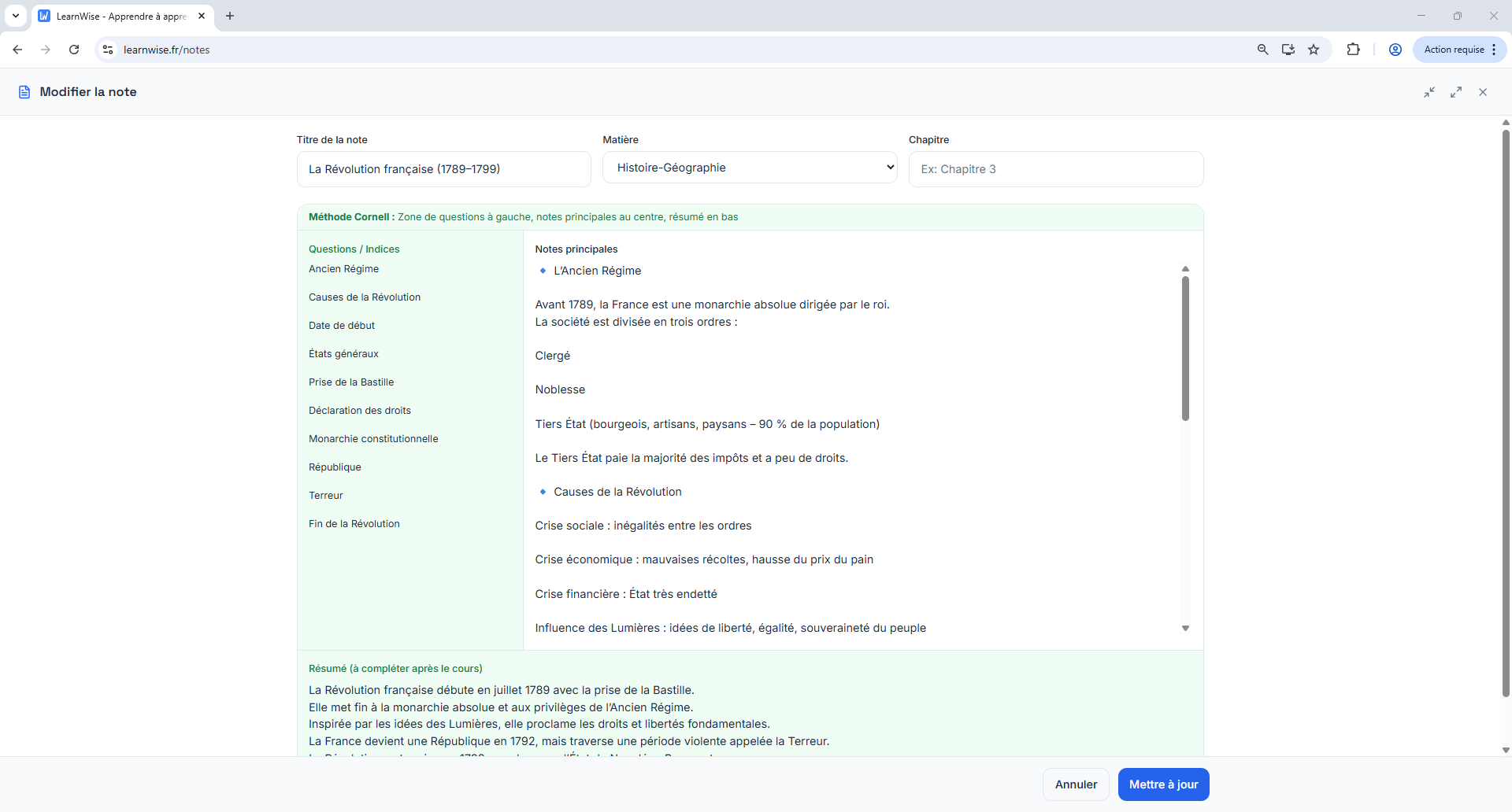 Édition note Cornell structurée