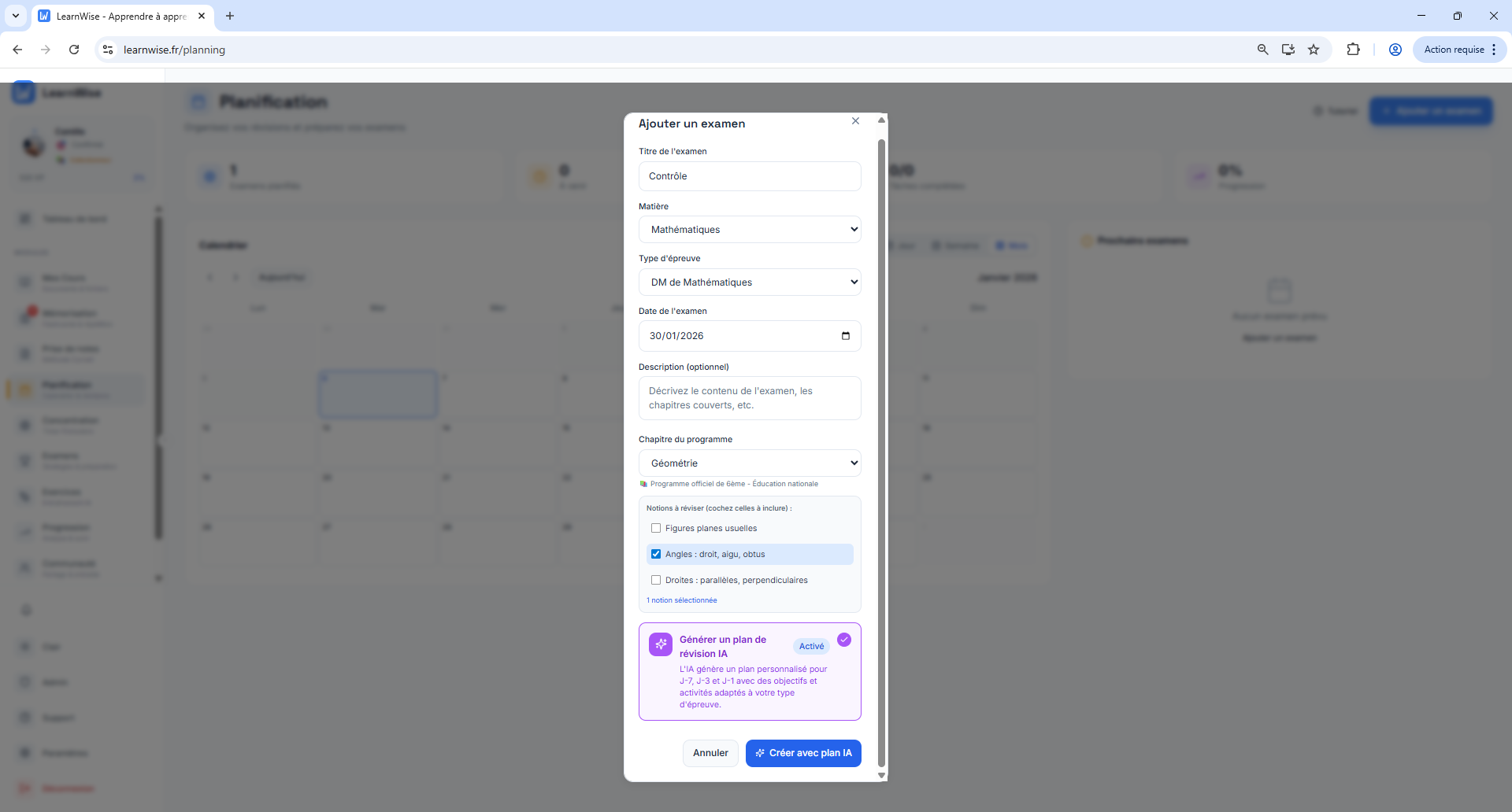 Création examen avec plan IA